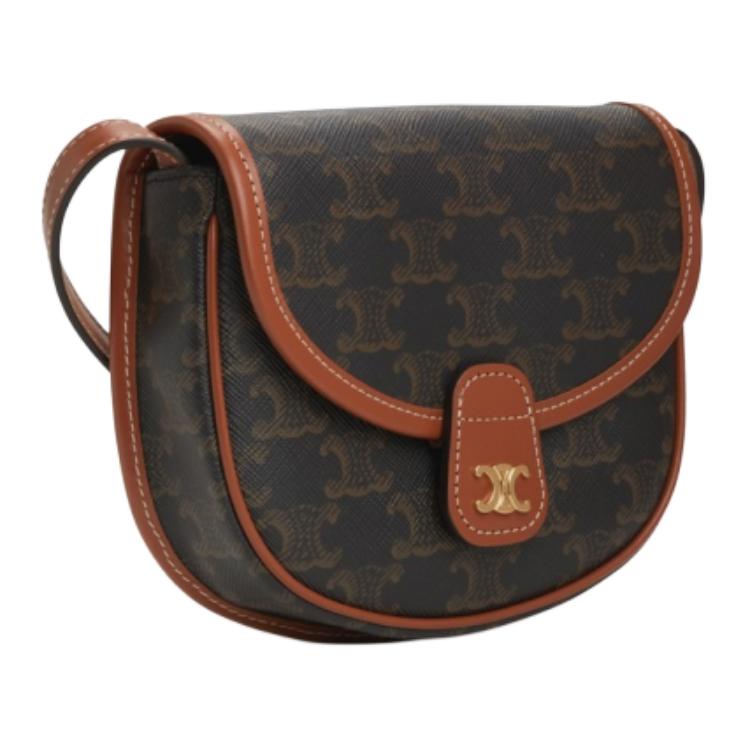 CELINE Besace Triophee Canvas With Calfskin Shoulder Bag Mini Women's Brown