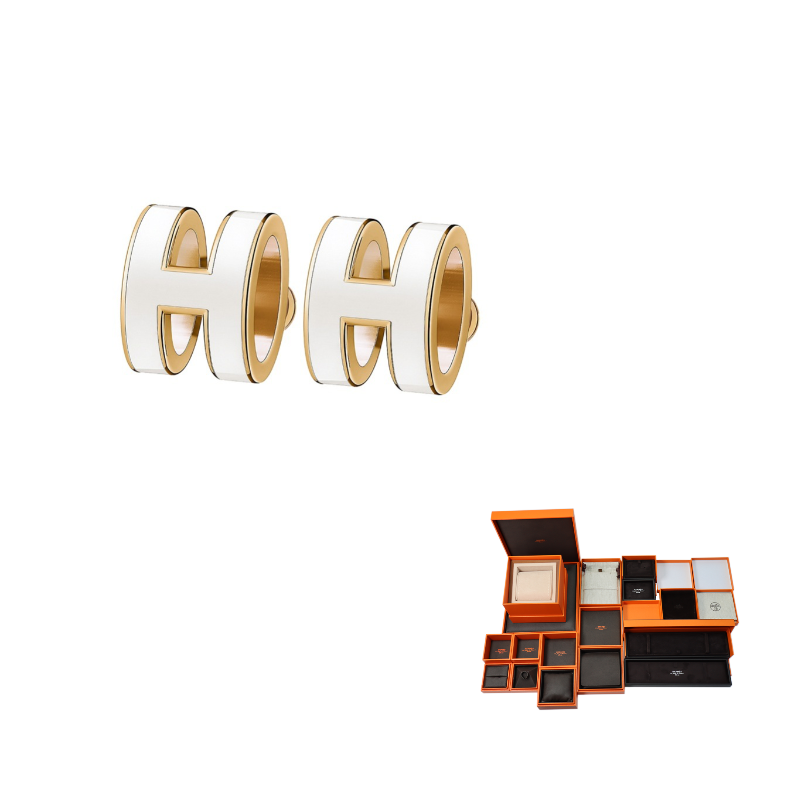 HERMES Gold-Plated Stud Earrings Women's White Gold Trim