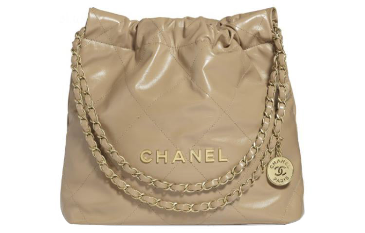 CHANEL 22Bag Shiny Calfskin Tote Bag Shopping Bag Handbag Shoulder Bag Crossbody Bag Small Size Women's Beige