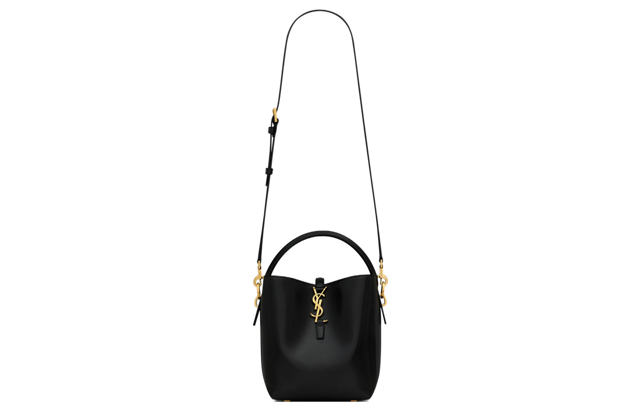 SAINT LAURENT Shiny Cow Leather Bucket Bags Shoulder Bag Crossbody Bag Handbag Small Size Women's Black