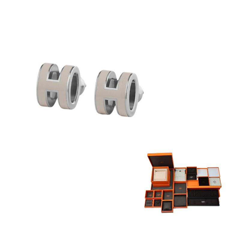 HERMES Lacquered Metal Stud Earrings Women's Ice Brown Silver Trim