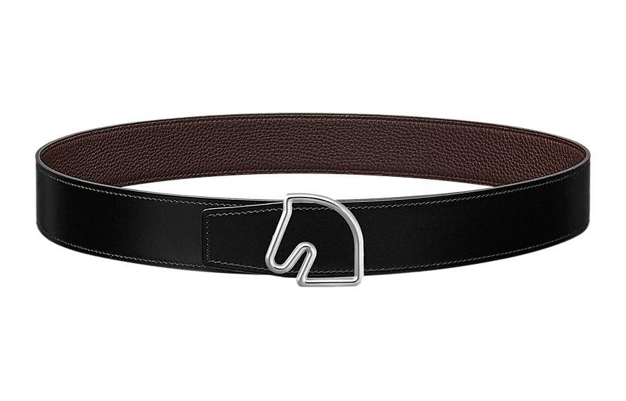 HERMES Tete De Cheval Smooth Buckle Leather Belts Unisex Black Width: 3.8CM