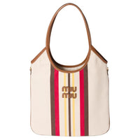 MIU MIU Ivy Leather Paneled Canvas Tote Bag, Shopping Bag, Portable Canvas Bag, Shoulder Bag Women's Natural