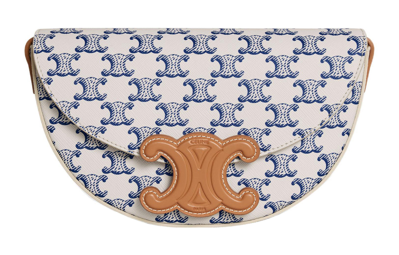 CELINE BesaceCuir Triomphe Canvas-paneled Calfskin Trim Saddle Bag Crossbody Shoulder Bag Women's Blue/White