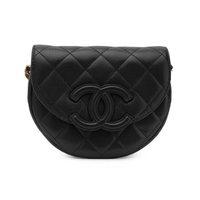 CHANEL Cow Leather Messenger Bag Half-Moon Bag Saddle Bag Shoulder Bag Crossbody Bag Small Size Unisex Black
