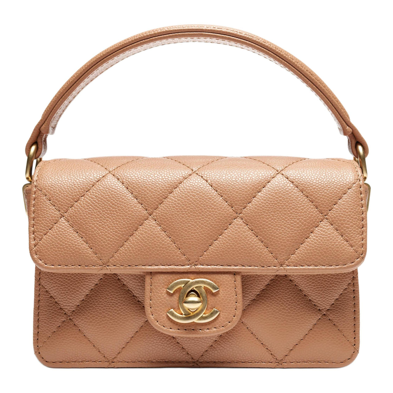 CHANEL Embossed Shiny Calfskin Handbag Mini Women's Camel