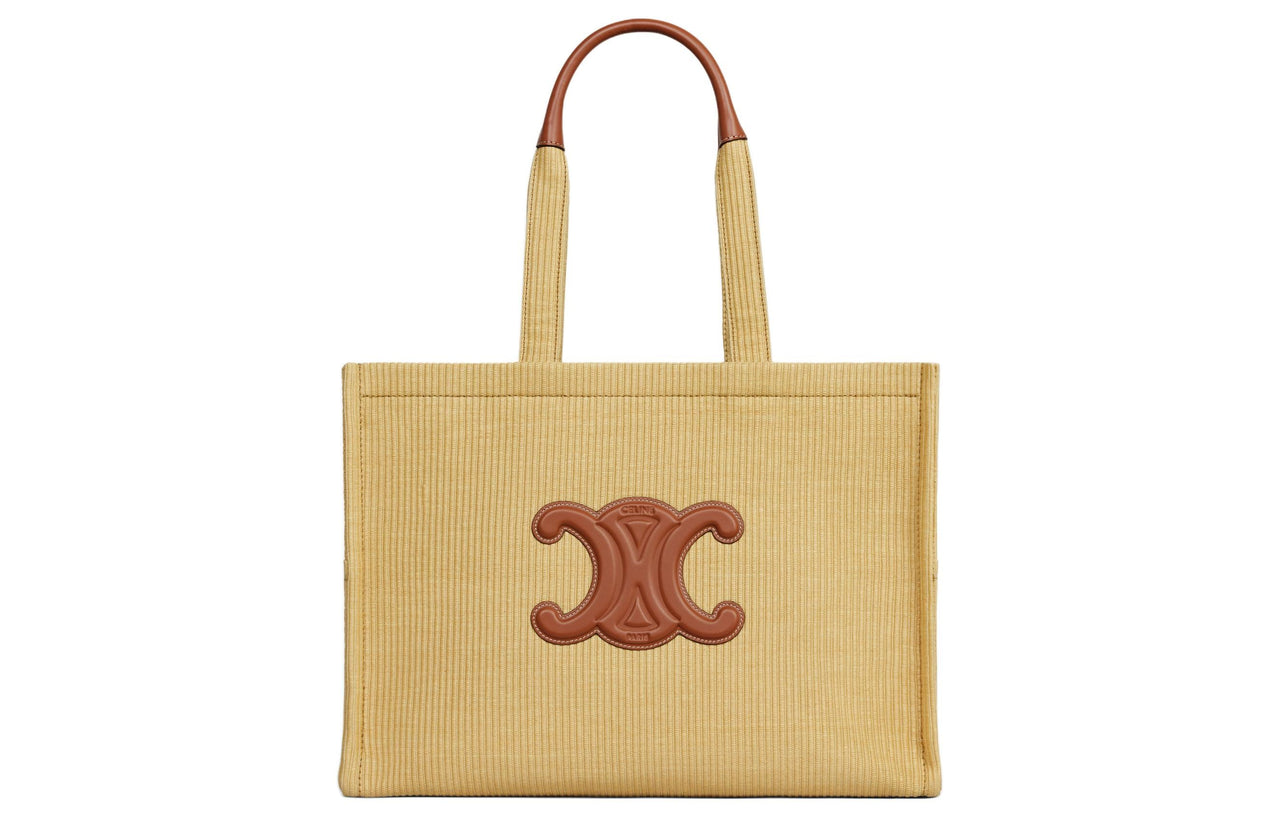 CELINE Cabas Thais Fabric With Calfskin Tote Bag Shopping Bag Shoulder Bag Handbag Large Size Women's Natural & Umber