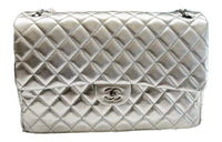 CHANEL Embossed Calfskin With Grains Handbag Shoulder Bag Crossbody Bag Extra Large Women's Silver