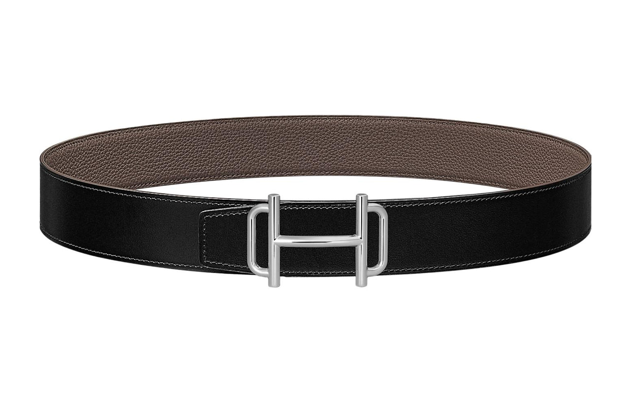 HERMES Double-Sided Silver Buckle Togo Calfskin Double-Sided Leather Belt Men's Black/Tin Gray Width: 3.8cm