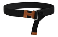 HERMES Leather, Palladium Plated, Polyester Cotton Blend Leather Belts Men's Black Width 4cm