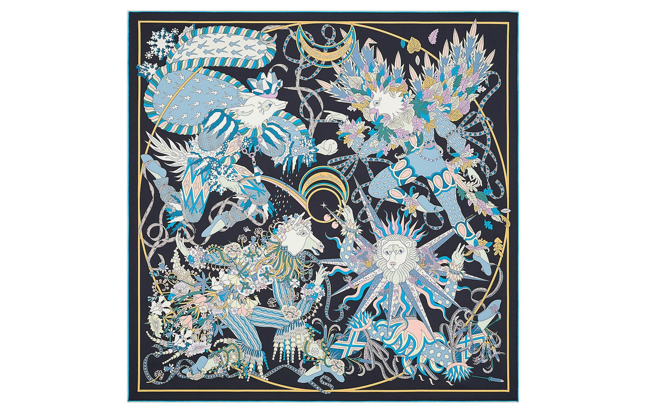 HERMES Silk Scarves Women's Black Blue/Sky Blue/Pink