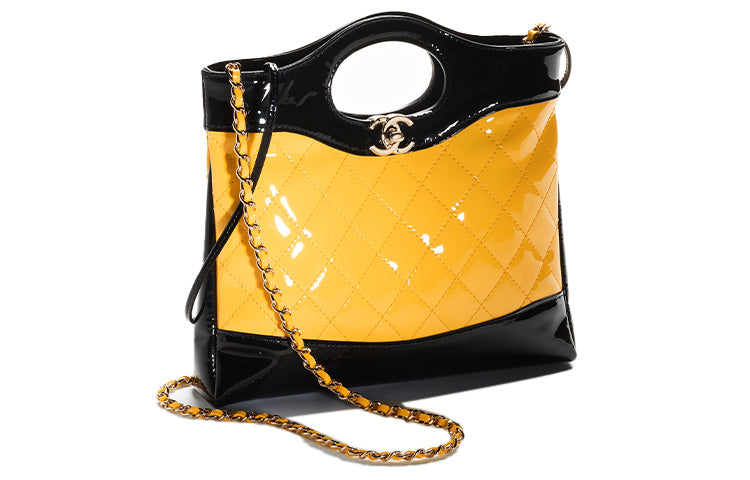 CHANEL Calfskin Patent Leather Shoulder Bag Crossbody Bag Handbag Mini Women's Yellow/Black