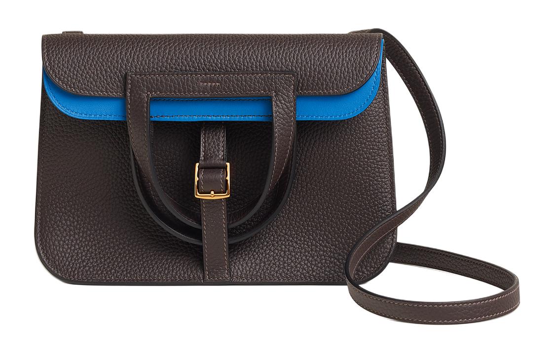 HERMES Halzan Clemence Bullock Leather Horseshoe Handbag, Shoulder Bag, Crossbody Bag Women's Ebony & Zanzibar Blue