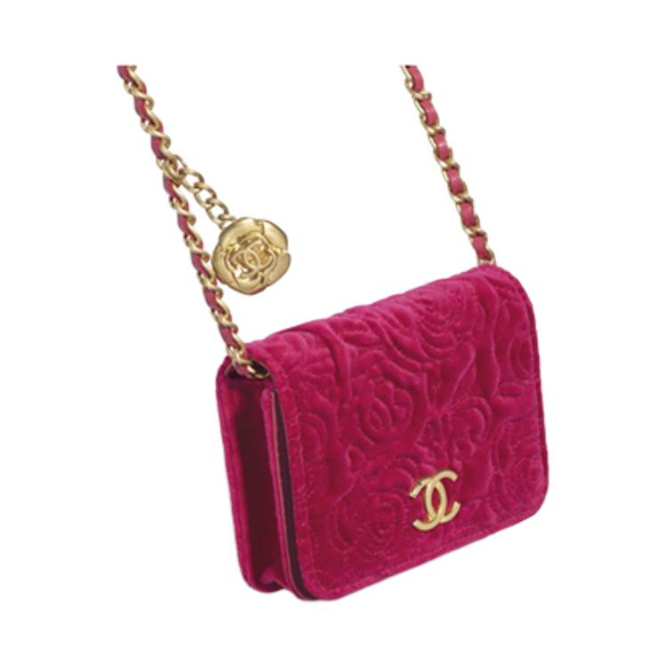 CHANEL WOC Velour Gold Coin Purse One Shoulder Crossbody Coin Purse Small Size Women's Peach Pink