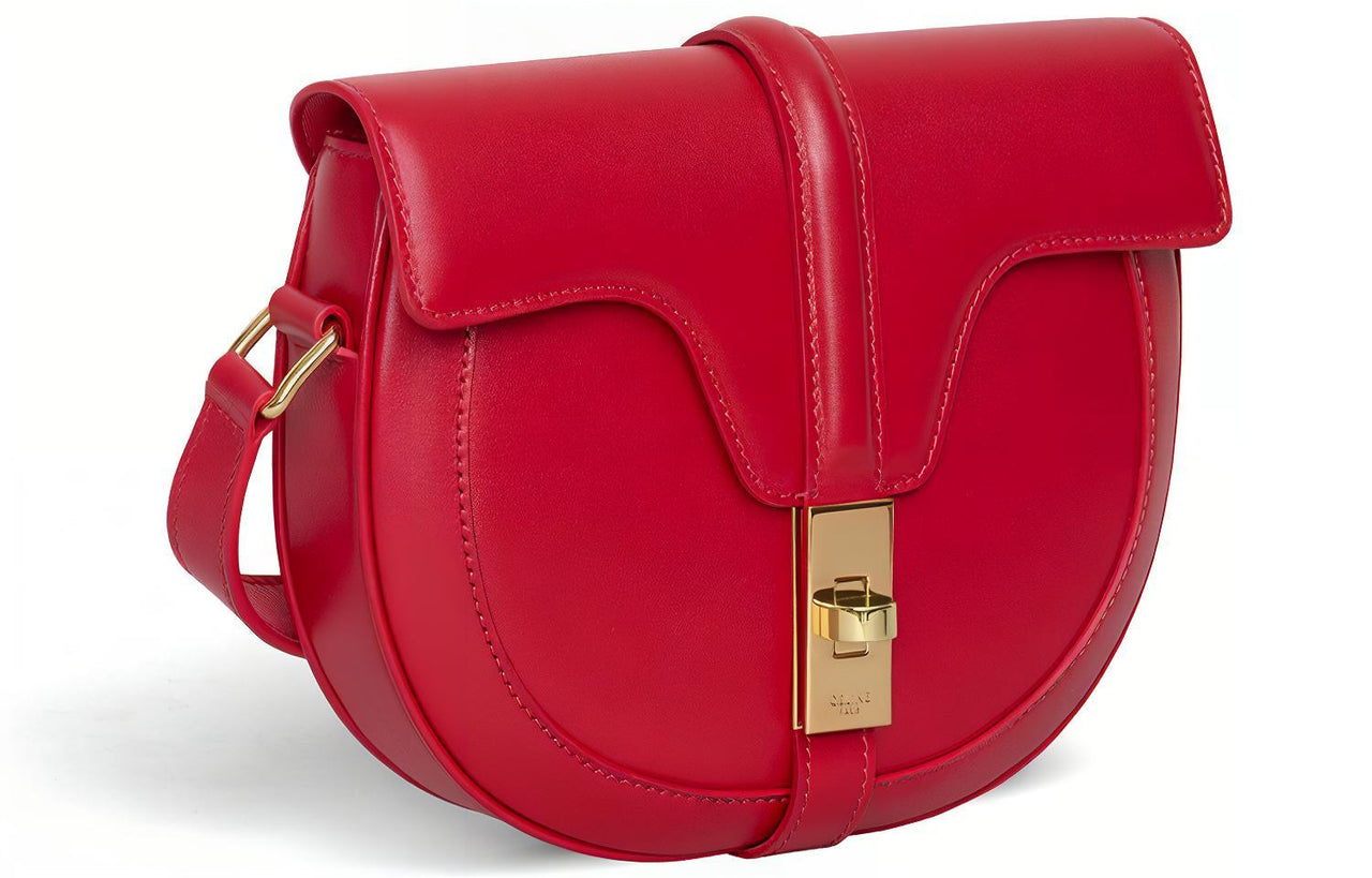 CELINE Besace16 Satin Cow Leather Handbag Shoulder Bags Small Size Women's Candy Color Red