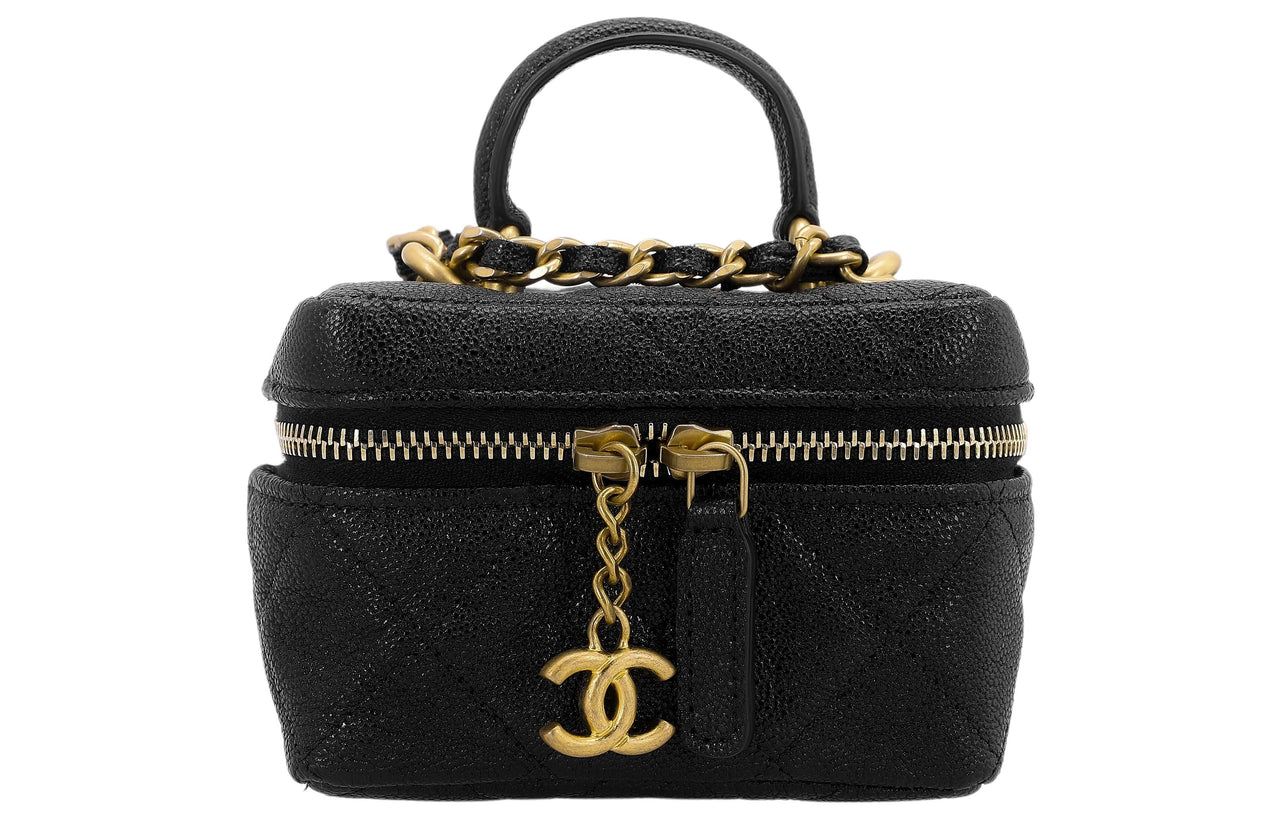 CHANEL Litchi Grain Cow Leather Box Bag Handbag Shoulder Bag Crossbody Bag Small Size Women's Black