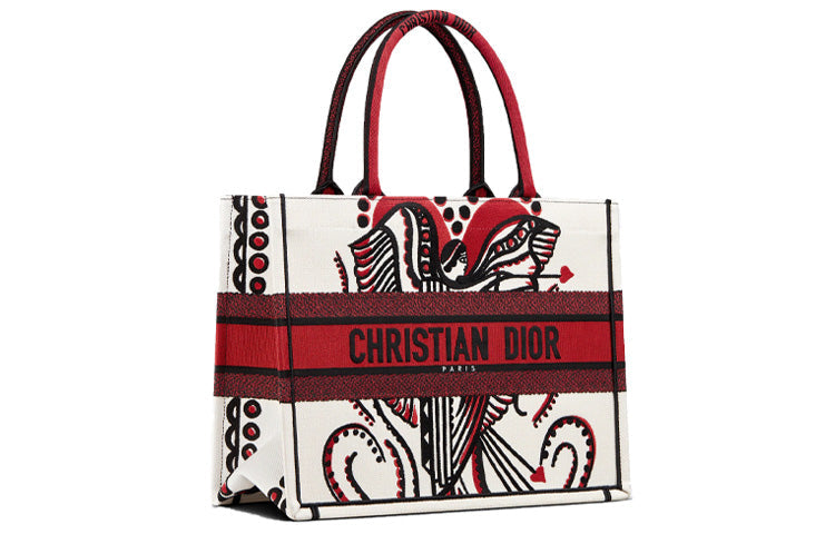 DIOR BookTote Embroidered Print Tote Bag Shopping Bag Handbag Small Size Women's Red/White
