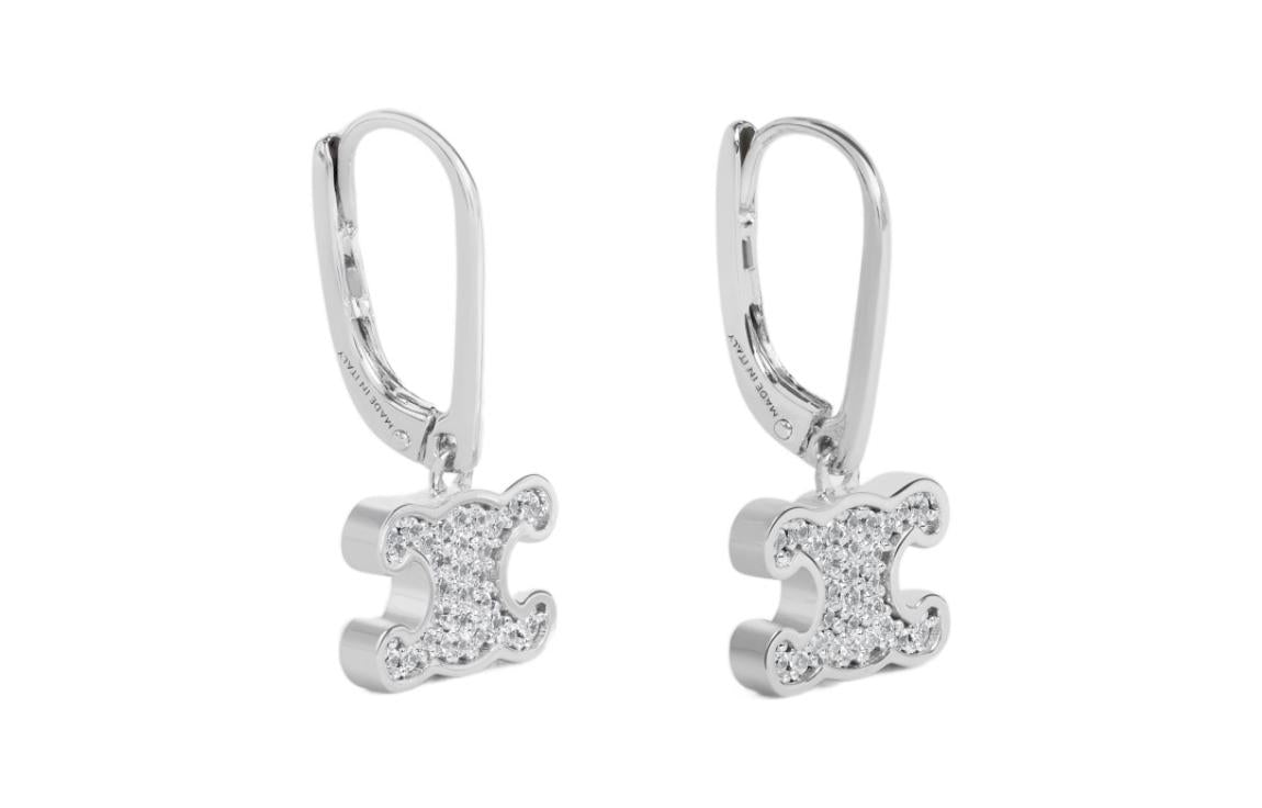 CELINE Triomphe Rhinestone Earrings In Brass With Rhodium Finish And Crystals