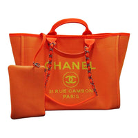 CHANEL Cotton With Leather Tote Bag Shopping Bag Shoulder Bag Handbag Large Size Women's Orange
