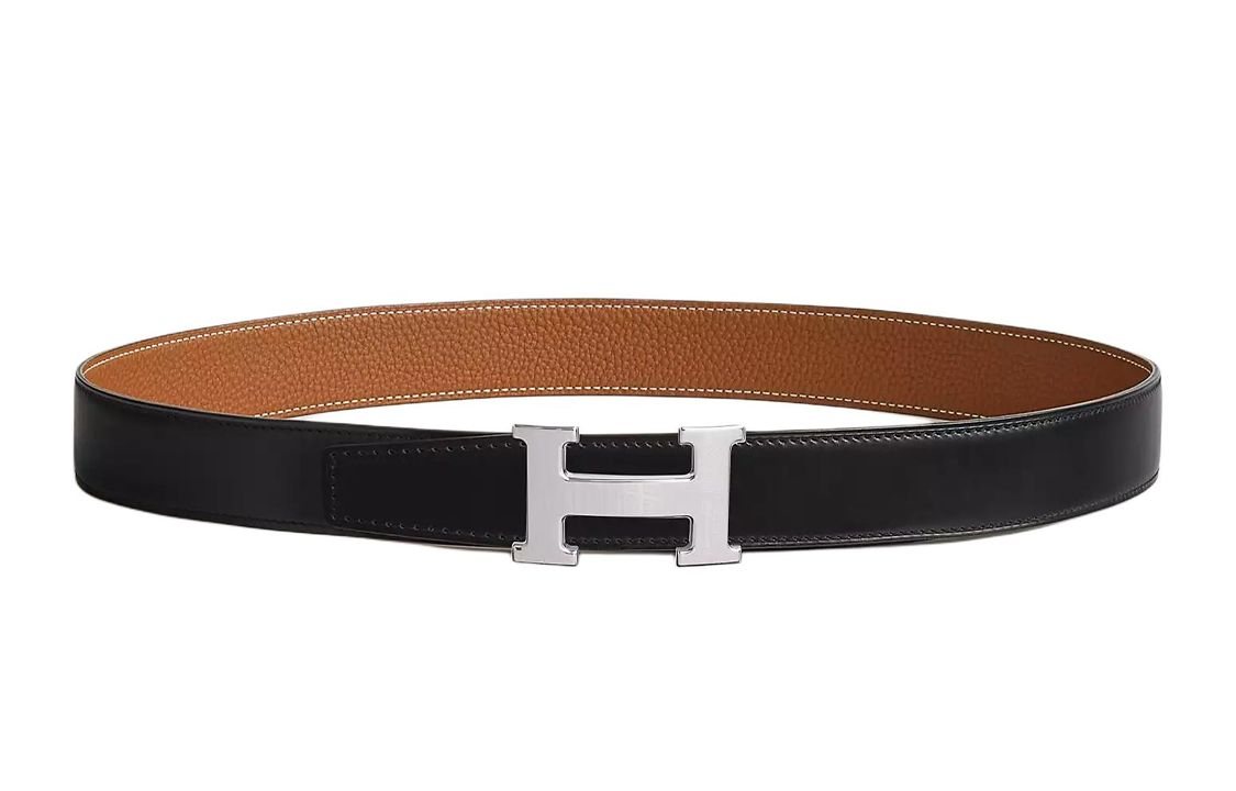 HERMES Grain-Effect Design Smooth Buckle Leather Belts Unisex Black/Brown Width: 3.2cm