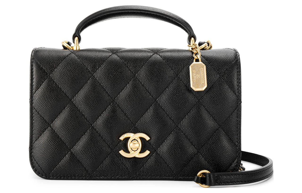 CHANEL Litchi Grain Cow Leather Mouth Cover Bag Shoulder Bag Crossbody Bag Handbag Mini Women's Black
