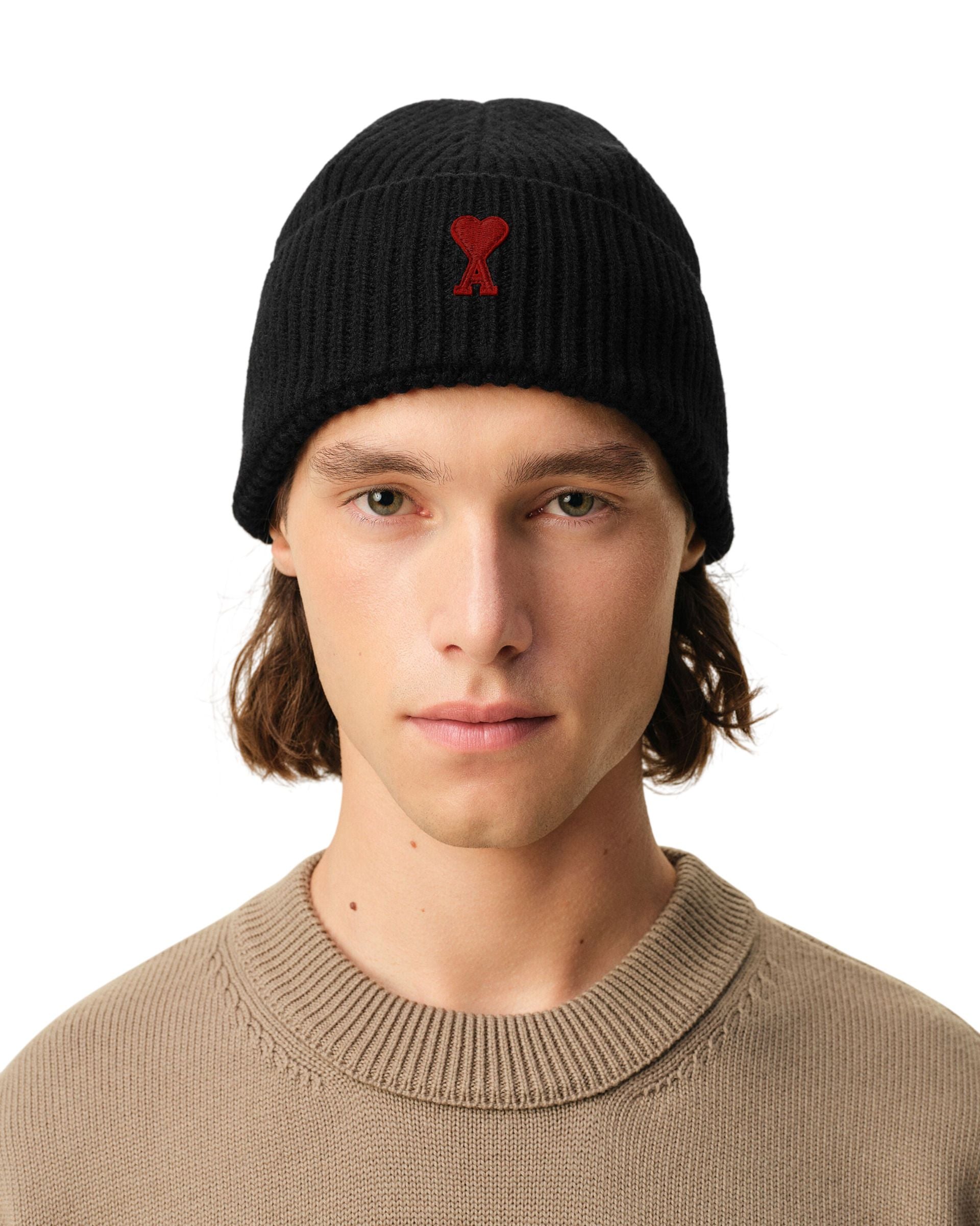 AMI FW25 Contrasted Ami De Coeur Wool Beanie 'Black' BFUHA116-018-009