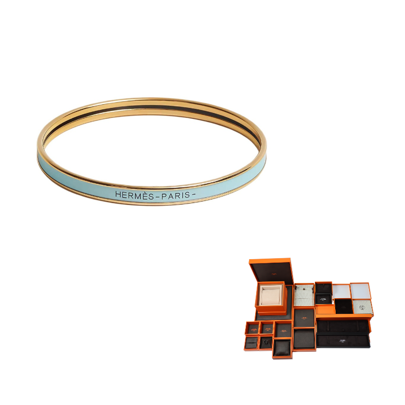 HERMES Gold Plated Metal Piece, Enamel Bangles Women's Light Blue