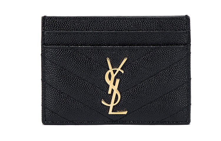 SAINT LAURENT CASSANDRE Grained Embossed Cow Leather Card Clip Card Holder Women's Black