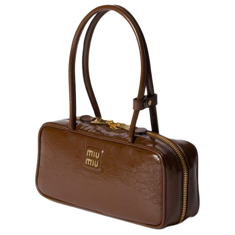 MIU MIU Naplak Lacquered Finish Sheepskin Handbag Women's Brown