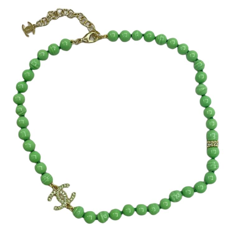 CHANEL Rhinestone Pearls Necklaces Women's Green