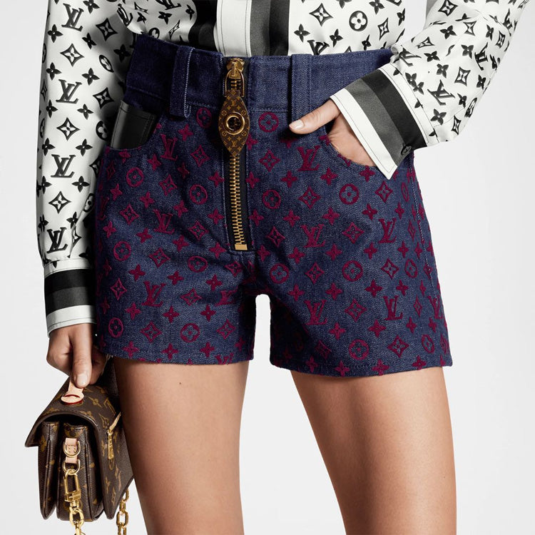 LOUIS VUITTON Flocked Monogram Denim Mini Shorts