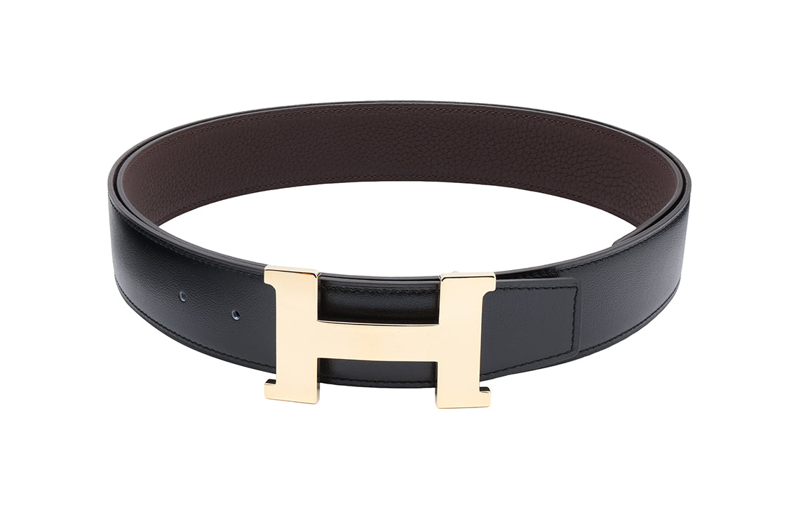 HERMES Togo Calfskin Double-Sided Leather Leather Belts Men's Black/Chocolate Width 3.8cm