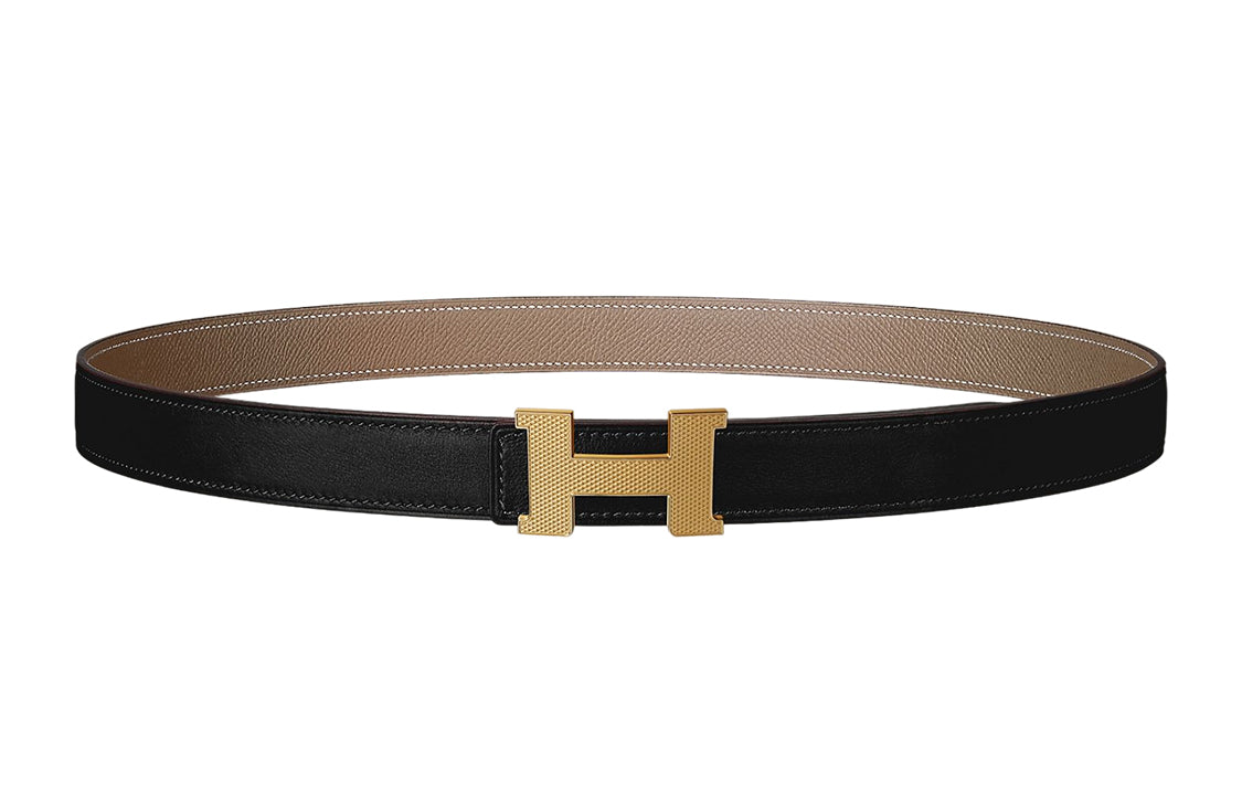 HERMES Letter-Engraved Light Gold Buckle Togo Calfskin Double-Sided Leather Belt Women's Black Width: 2.4cm