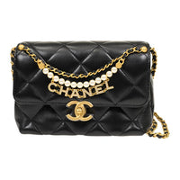 CHANEL Artificial Pearl Shiny Lambskin Mouth Cover Bag Crossbody Bag Small Size Women's Black