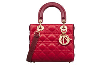 DIOR Lady Dior Wicker Lambskin Shoulder Bag Crossbody Bag Handbag Small Size Women's Garnet Red With Burgundy Accents