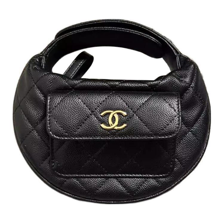 CHANEL Grained Litchi Cow Leather Crescent Moon Bag Clutch Mini Women's Black