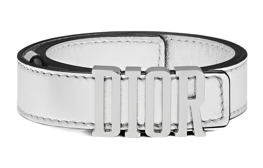 DIOR Badge Buckle Leather Belts Women's Silver White