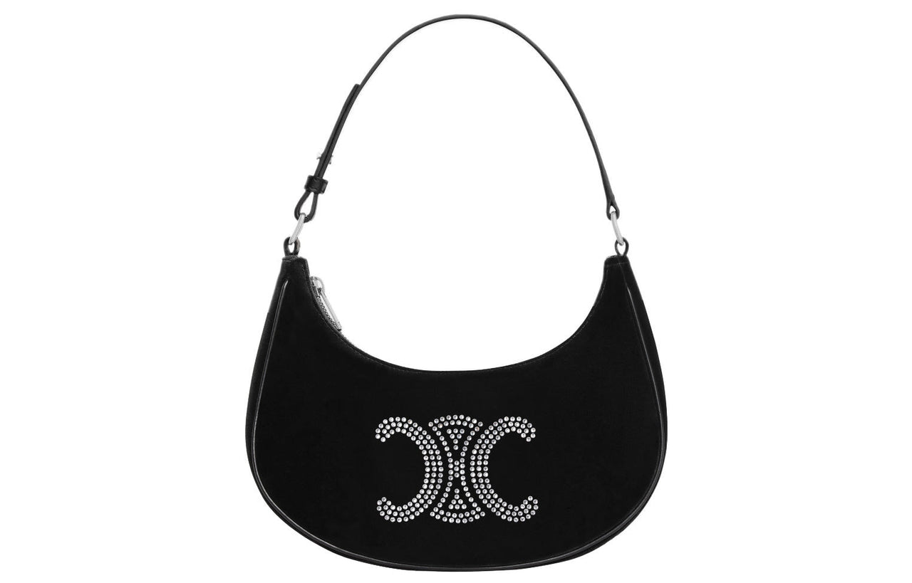 CELINE AVATriomphe Velour Cow Leather Patchwork One Shoulder Handbags Women's Black