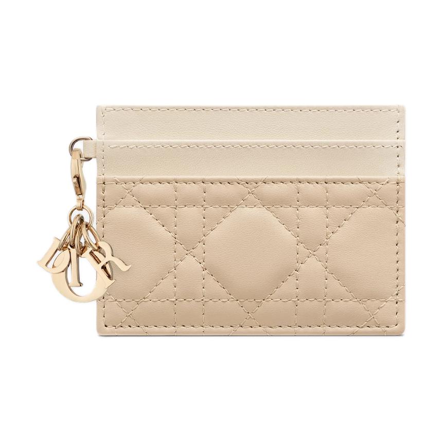 DIOR Lady Dior Sheepskin Card Holder Women's Beige With Ash Gray Accents Ivory
