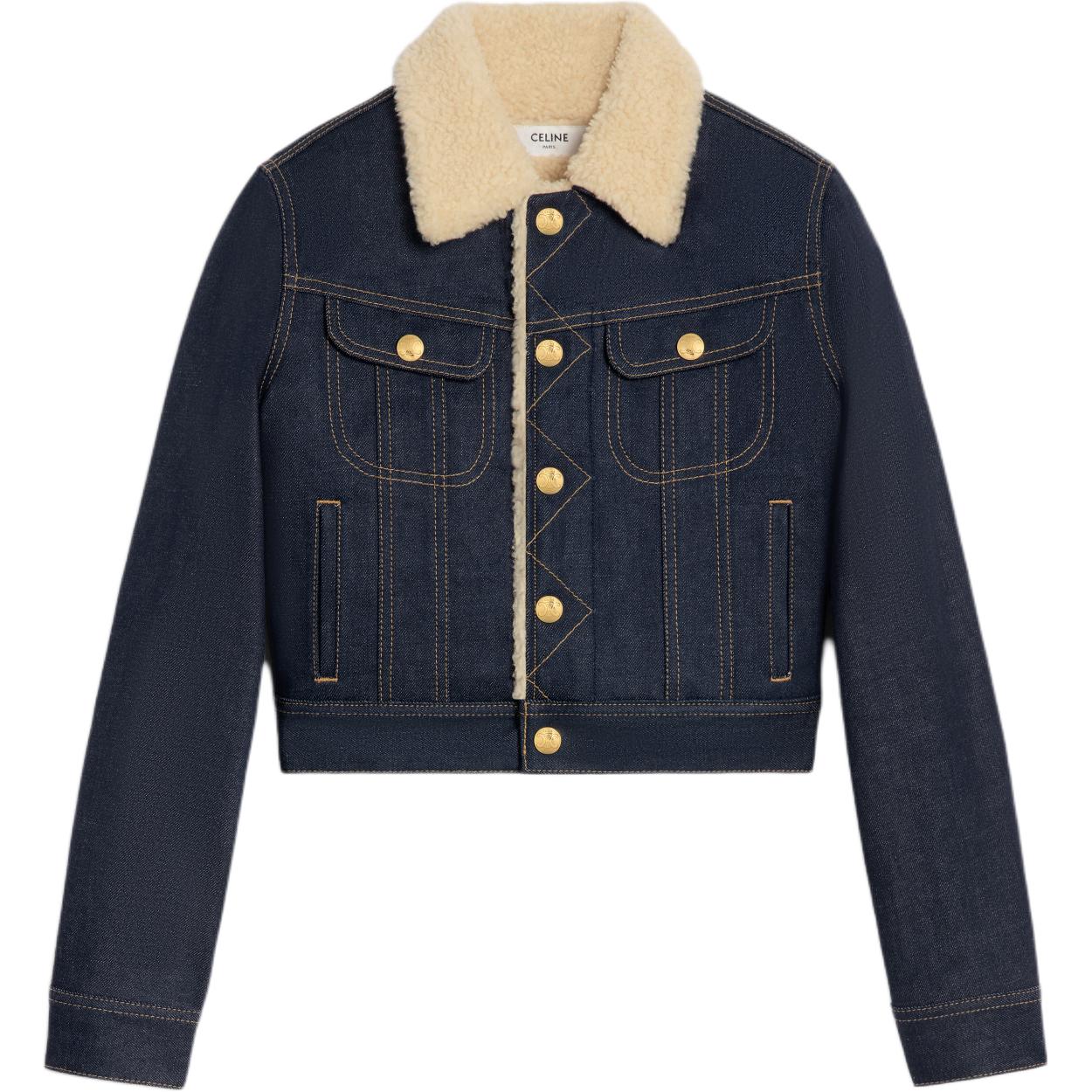 CELINE Trucker Sherpa Jacket In Raw Wash Denim