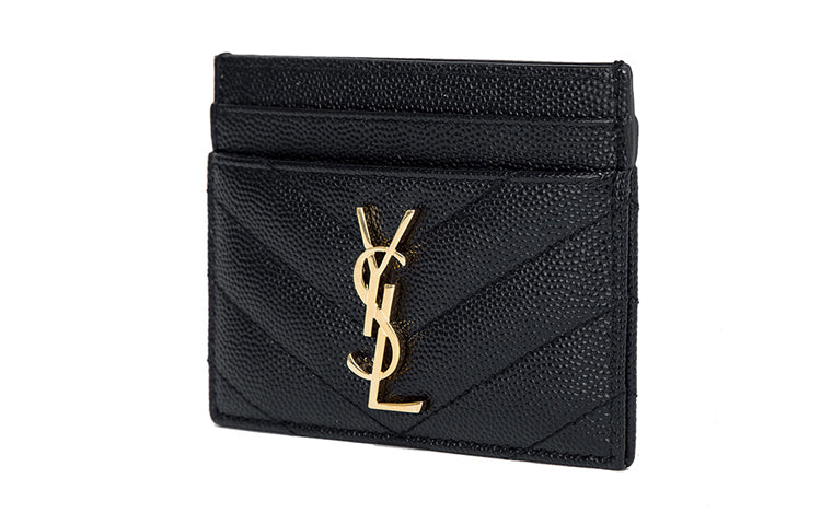 SAINT LAURENT CASSANDRE Grained Embossed Cow Leather Card Clip Card Holder Women's Black