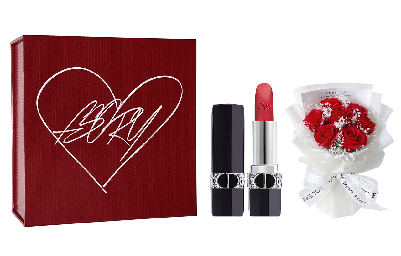DIOR Brand New Intense Blue Gold Lip Balm Gift Box Velour Matte Free Trial Fragrance+Black Angel Bouquet Red Crystal