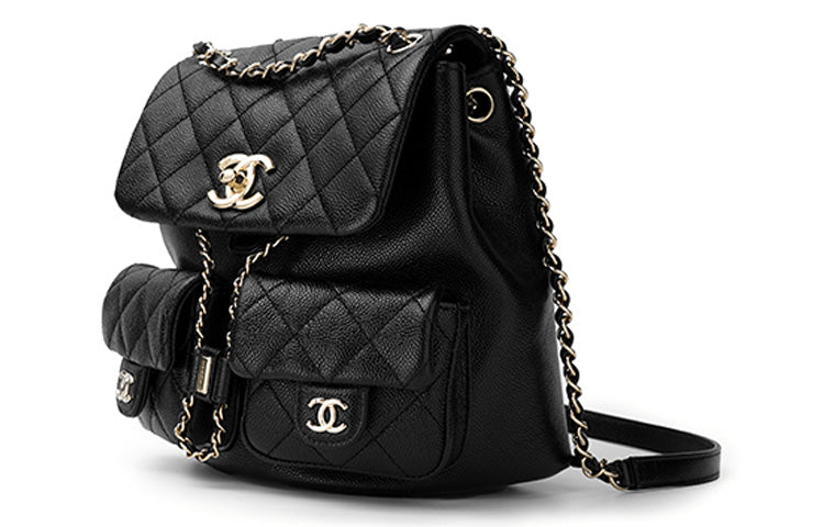 CHANEL Duma Litchi Grain Cow Leather Backpack Medium Size Unisex Black