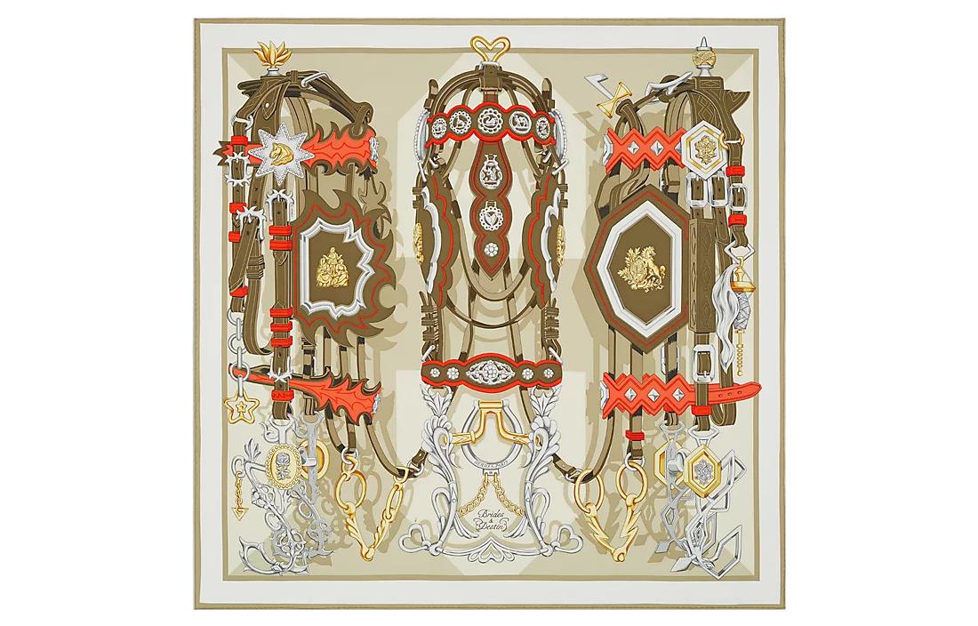 HERMES Silk Scarves Women's Clay Green/Khaki/Coral Red