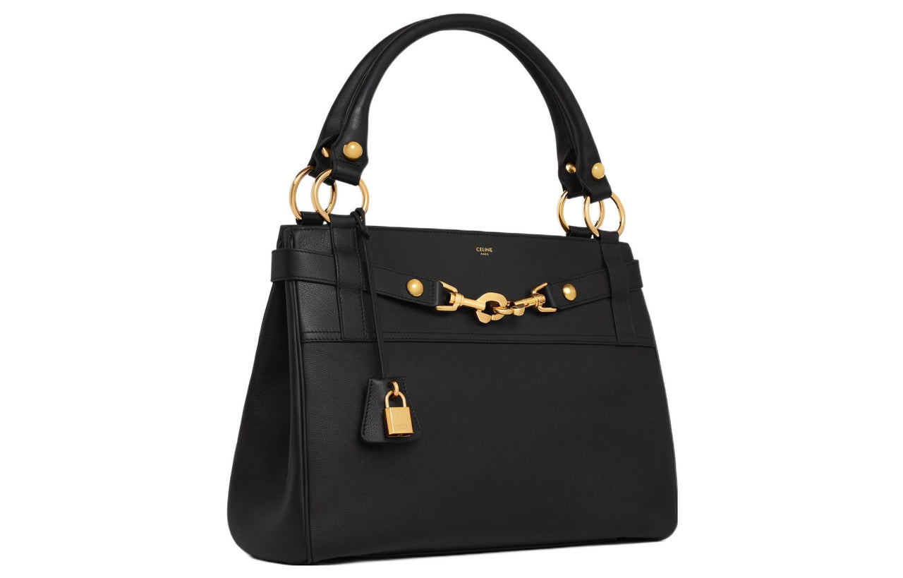 CELINE Soft Cow Leather Handbag Medium Size Women's Black
