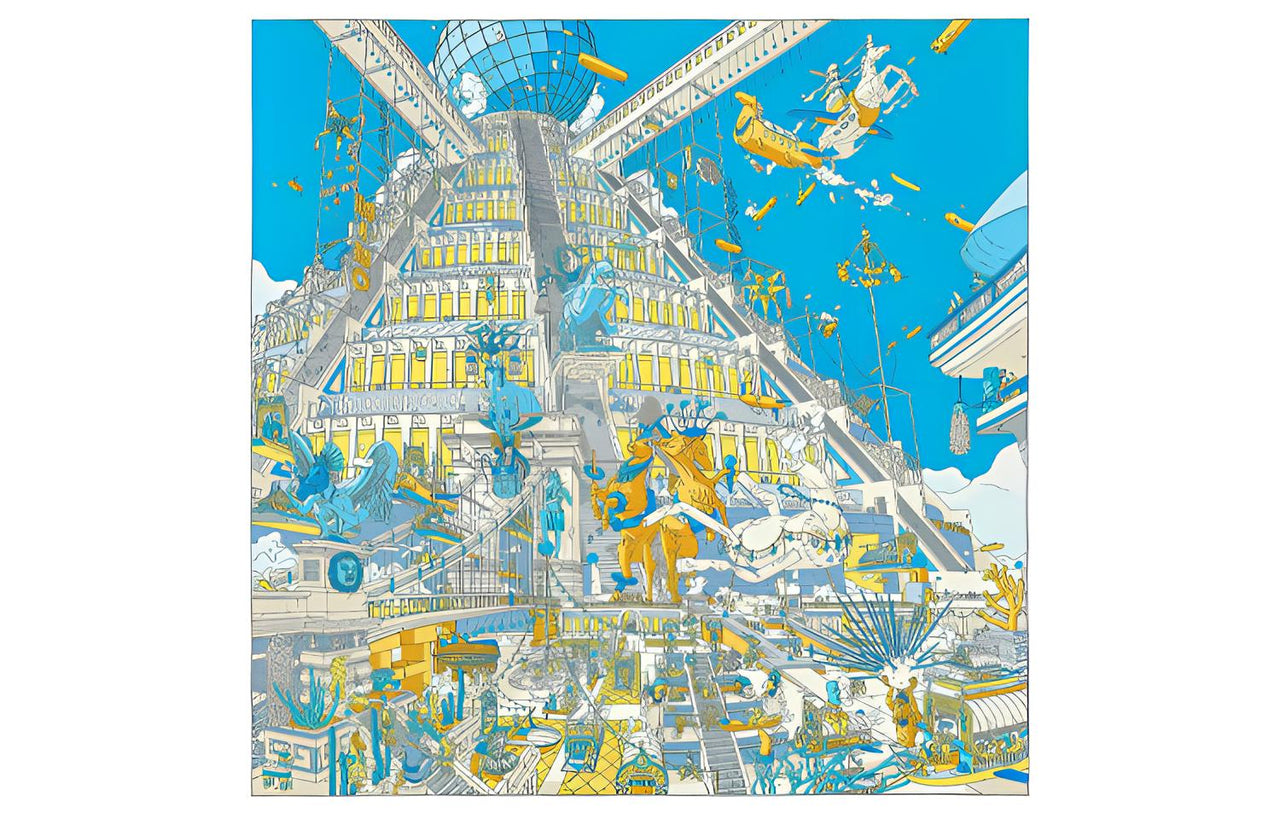 HERMES Silk Scarves Women's Blue/Yellow/Gold