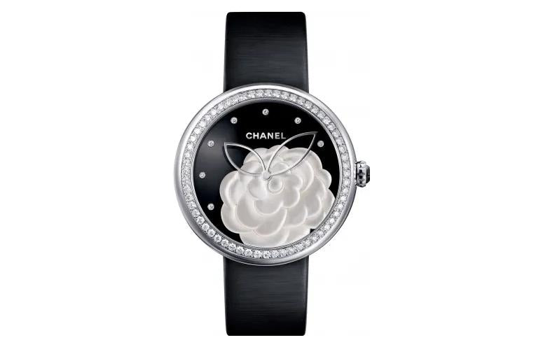 CHANEL Wrist Watch Quartz Movement Satin Strap Black Dial Women's