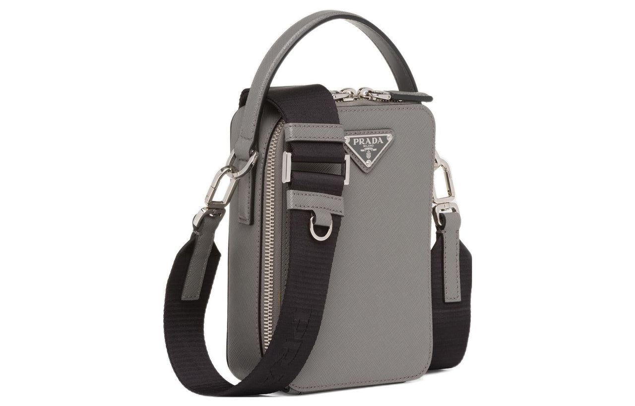 PRADA Brique Saffiano Leather Cell Phone Pouch Shoulder Bag Crossbody Bag Handbag Men's Gray