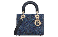 DIOR Lady Dior Rhinestone Embroidered Satin Dior Bag Shoulder Bag Crossbody Bag Handbag Small Size Women's Blue