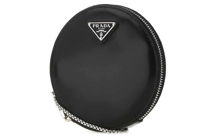 PRADA Leather Round Bag, Shoulder Bag Unisex Black